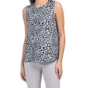 Theory Blue Leopard Animal Print Silk Blouse Minimalist Career Quiet Luxury Corp